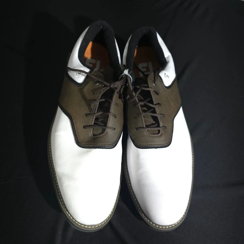 FootJoy Golf Shoes Mens 12 White Brown Saddle Spiked Athletic Cleats 57022